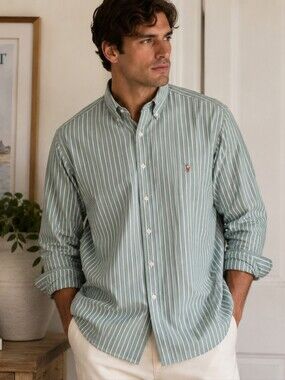 Lauren Ralph Lauren Men's 3XB Big Sage Green White Stripe Oxford Button-Down